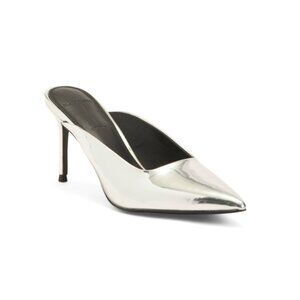 BLACK SUEDE STUDIO Silver Metallic Patent Leather Pointy Toe Curved Mule Pumps